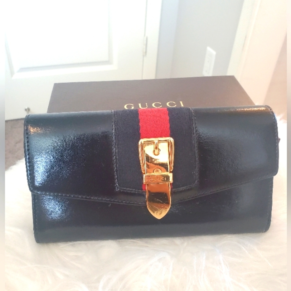 Gucci Black Leather Wallet with sherry line